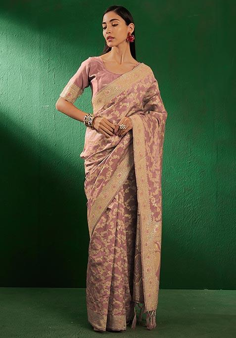 Rose Golden Woven Floral Jaal Work Banarasi Silk Saree Set