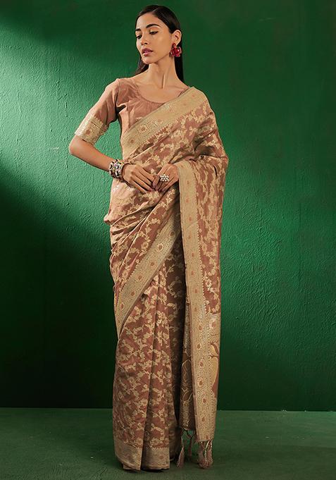 Cream Woven Floral Jaal Work Banarasi Silk Saree Set