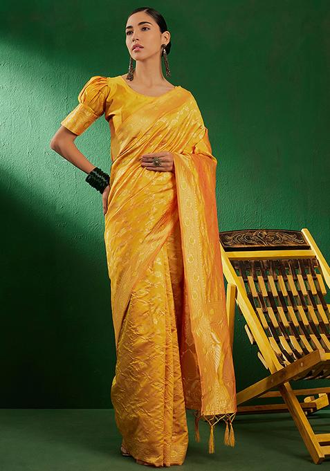 Yellow Woven Floral Jaal Work Banarasi Silk Saree Set