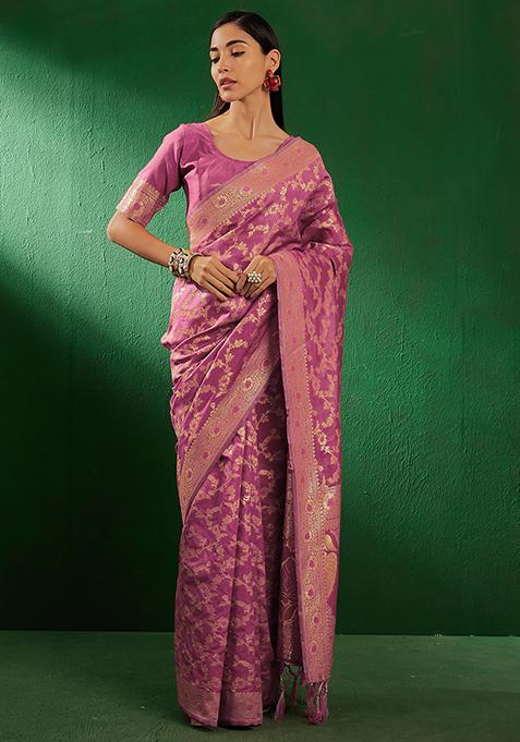 Baby Pink Woven Floral Jaal Work Banarasi Silk Saree Set