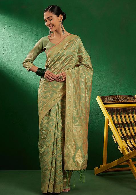 Pista Green Woven Floral Jaal Work Banarasi Silk Saree Set