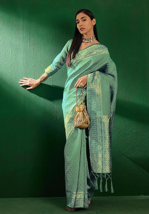 Pista Green Woven Booti Work Banarasi Silk Saree Set