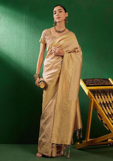 Beige Woven Booti Work Banarasi Silk Saree Set