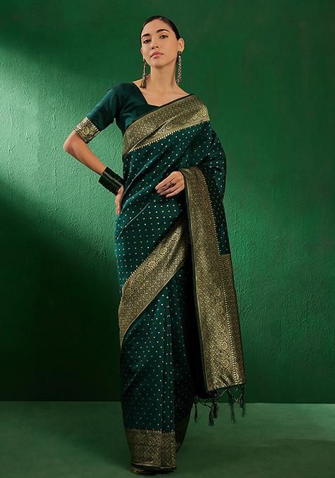 Mehendi Green Woven Booti Work Banarasi Silk Saree Set