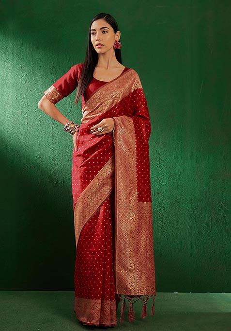 Maroon Woven Booti Work Banarasi Silk Saree Set