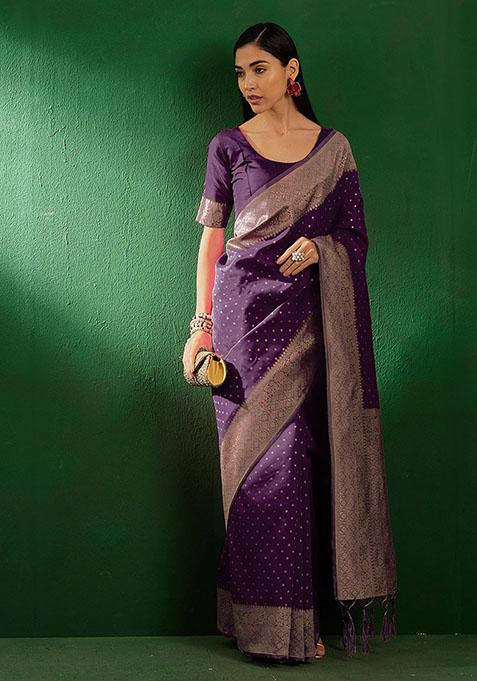 Purple Woven Booti Work Banarasi Silk Saree Set