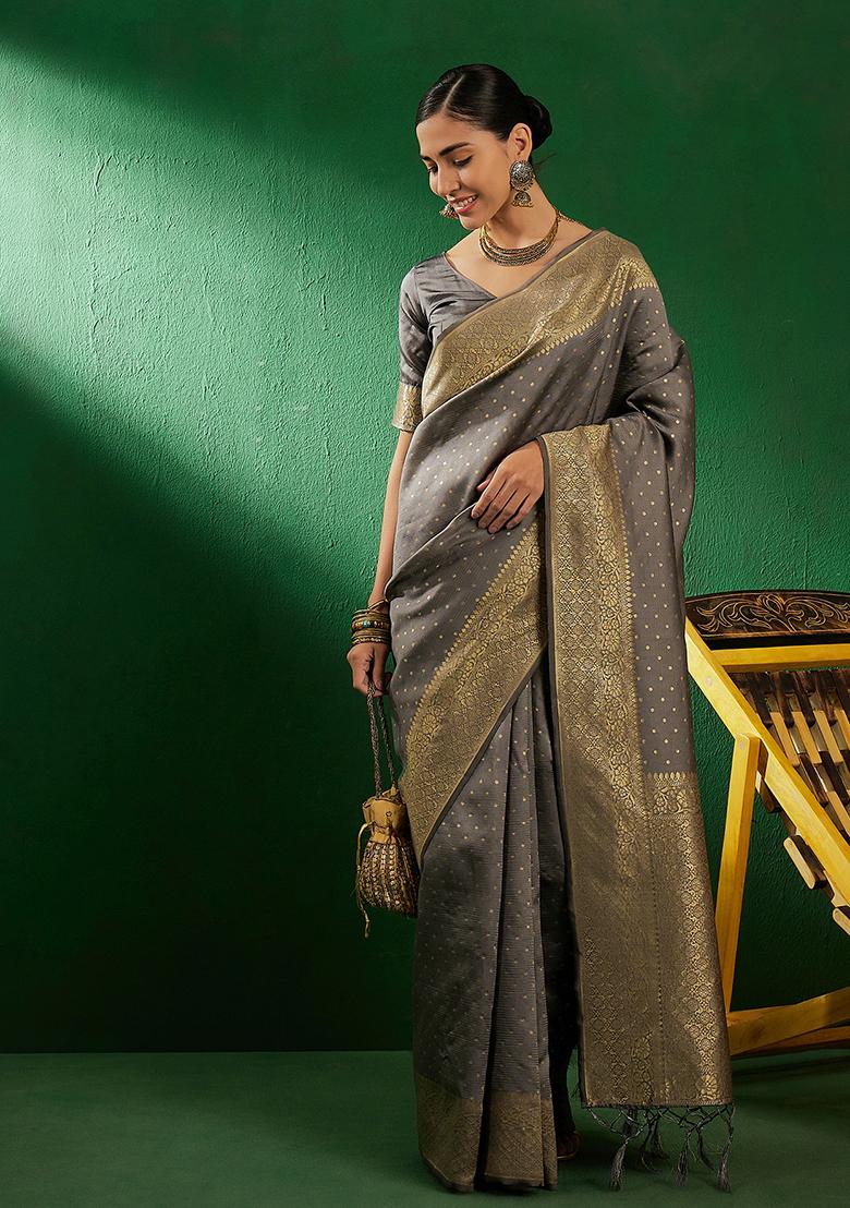 Grey Woven Booti Work Banarasi Silk Saree Set