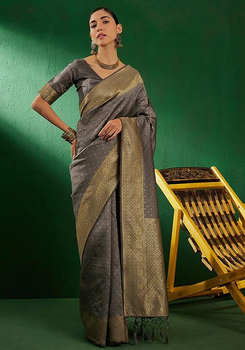 Grey Woven Booti Work Banarasi Silk Saree Set