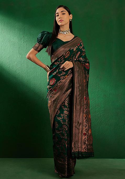 Bottle Green Woven Floral Jaal Work Banarasi Silk Saree Set