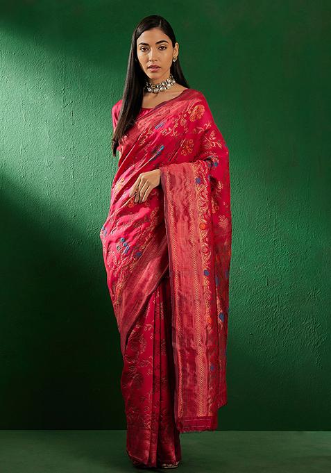 Pink Woven Floral Jaal Work Banarasi Silk Saree Set