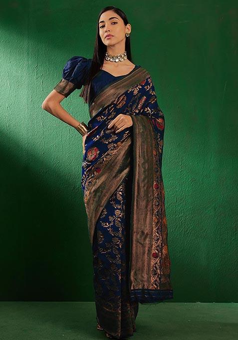 Navy Blue Woven Floral Jaal Work Banarasi Silk Saree Set