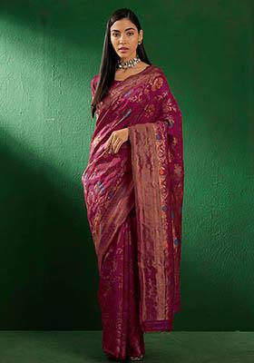 Burgundy Woven Floral Jaal Work Banarasi Silk Saree Set