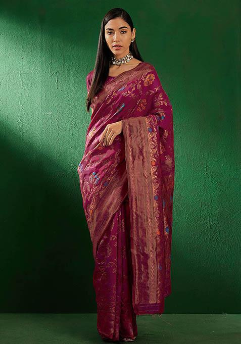 Burgundy Woven Floral Jaal Work Banarasi Silk Saree Set