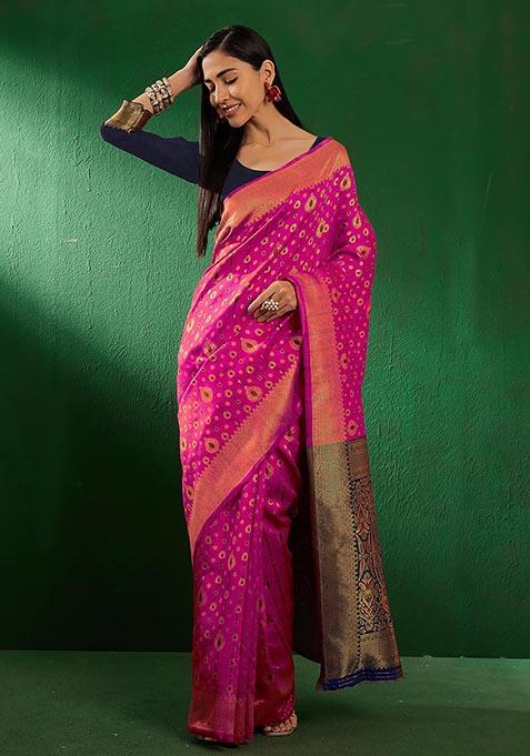 Pink Zari Woven Work Banarasi Silk Saree Set