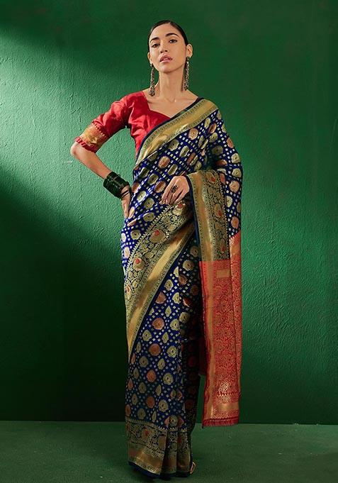 Navy Blue Zari Woven Work Banarasi Silk Saree Set