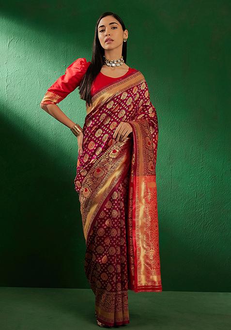 Burgundy Zari Woven Work Banarasi Silk Saree Set