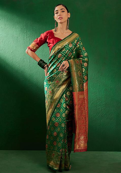 Green Zari Woven Work Banarasi Silk Saree Set