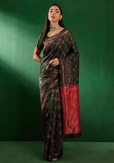 Mehendi Green Woven Work Banarasi Silk Saree Set