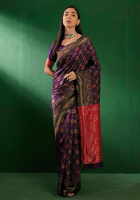 Purple Cooper Zari Woven Work Banarasi Silk Saree Set