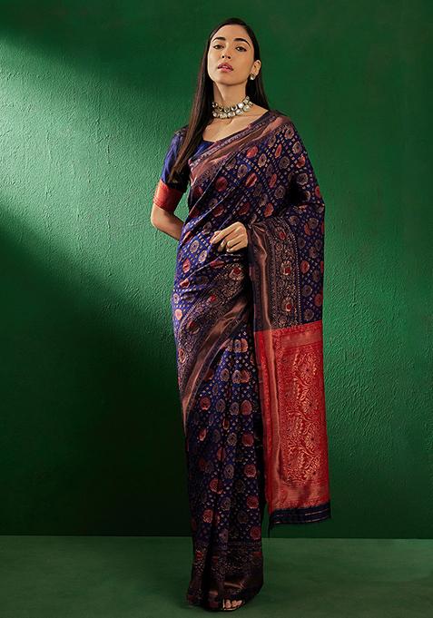 Navy Blue Cooper Zari Woven Work Banarasi Silk Saree Set