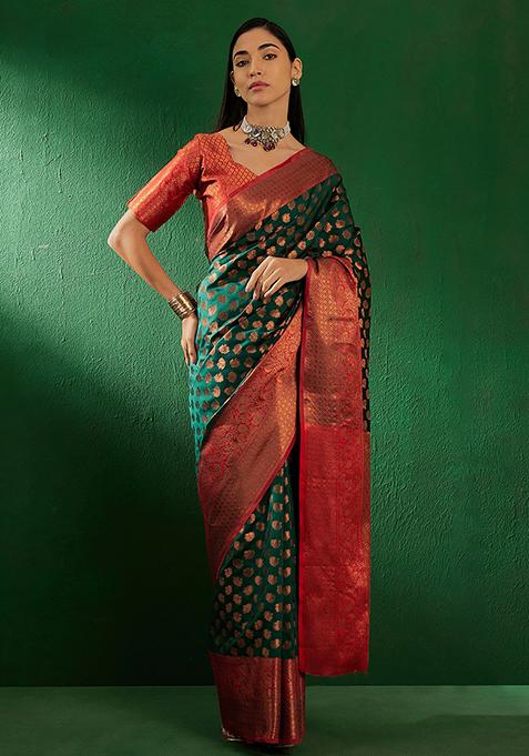 Green Cooper Zari Woven Work Banarasi Silk Saree Set