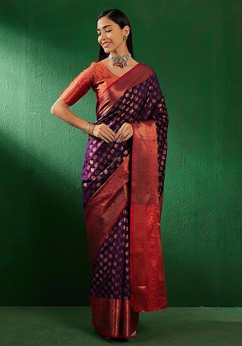 Purple Cooper Woven Work Banarasi Silk Saree Set