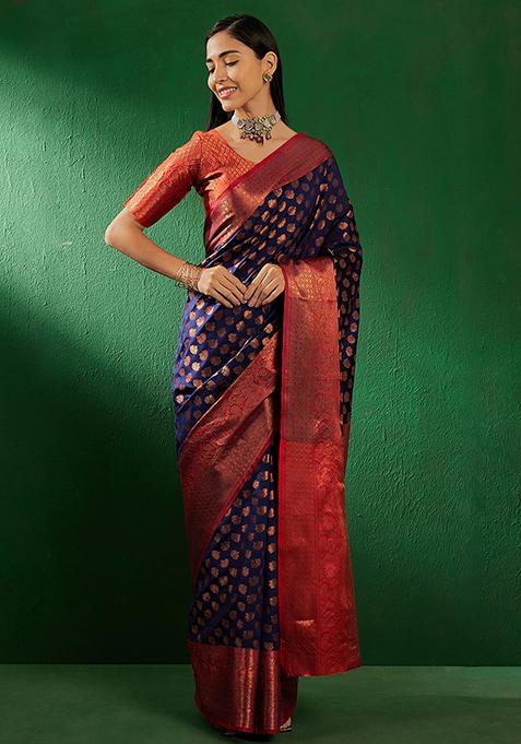 Navy Blue Cooper Woven Work Banarasi Silk Saree Set