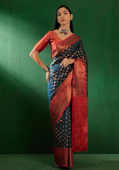 Teal Cooper Zari Woven Work Banarasi Silk Saree Set