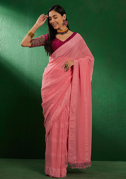 Baby Pink Heavy Embroidered Vichitra Silk Saree Set