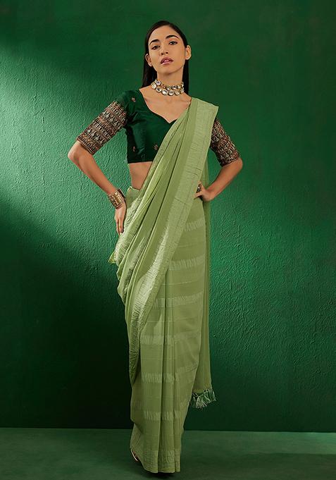 Green Heavy Embroidered Vichitra Silk Saree Set