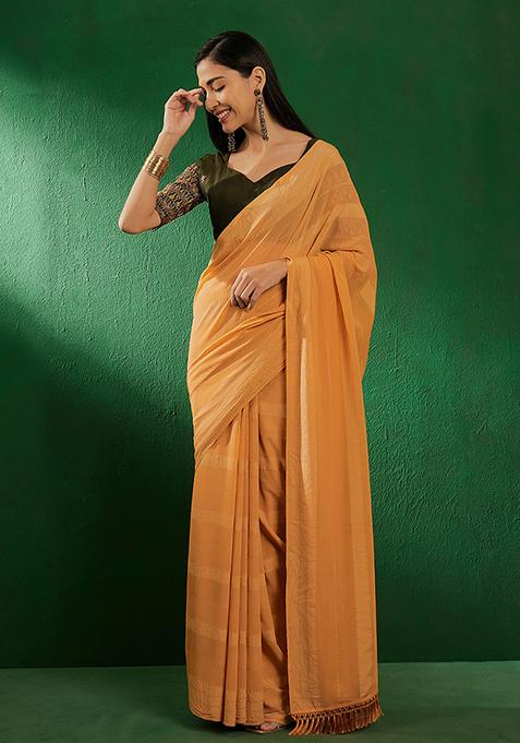 Mustard Heavy Embroidered Vichitra Silk Saree Set