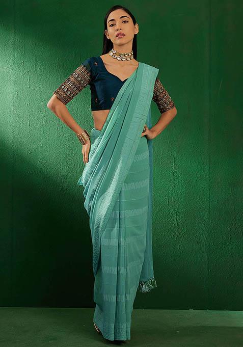 Teal Heavy Embroidered Vichitra Silk Saree Set