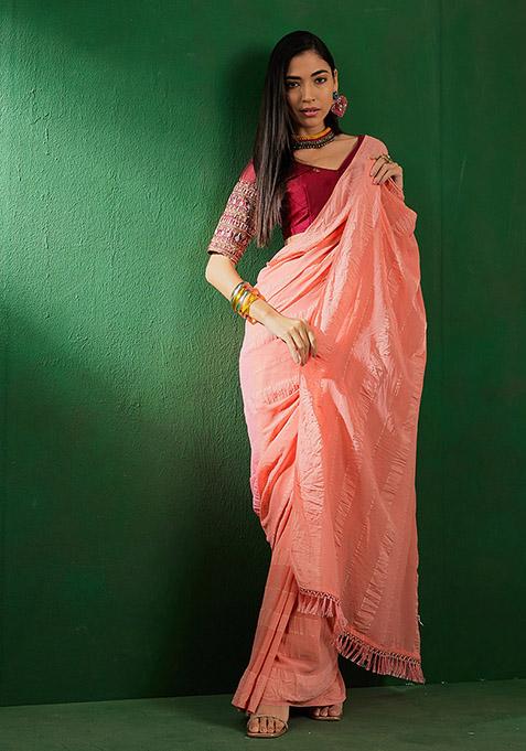 Peach Heavy Embroidered Vichitra Silk Saree Set