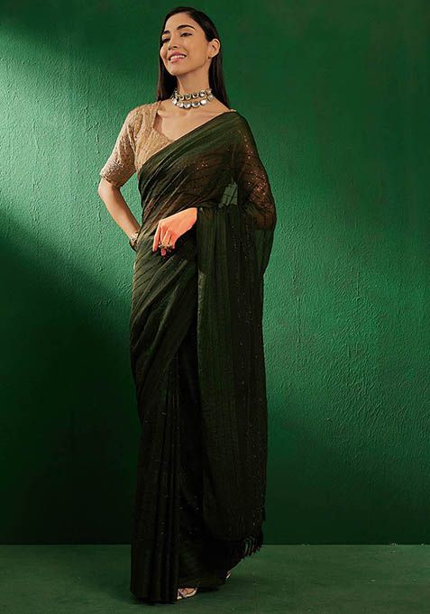 Mehendi Green Sequin Embroidered Vichitra Silk Saree Set