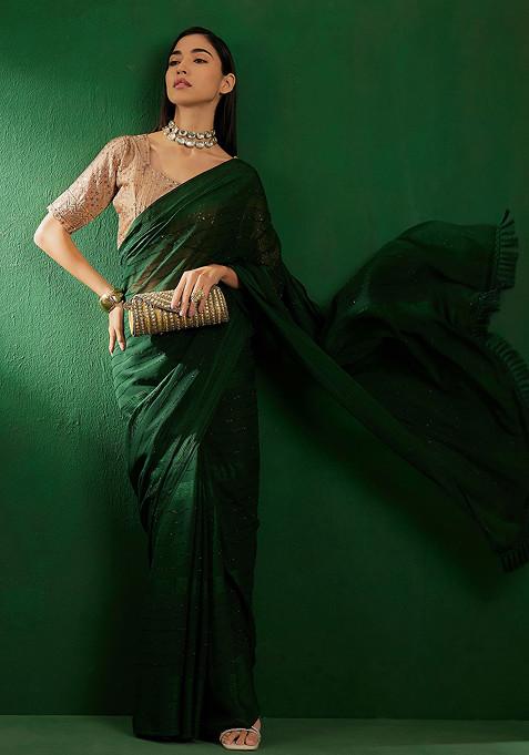 Green Sequin Embroidered Vichitra Silk Saree Set