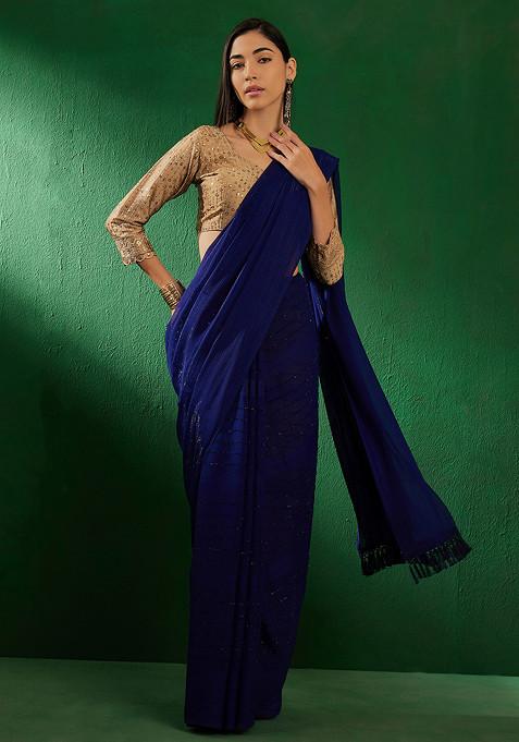 Royal Blue Sequin Embroidered Vichitra Silk Saree Set