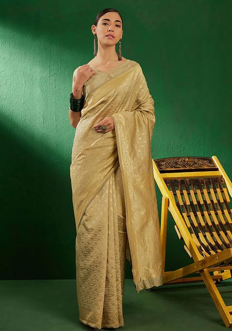 Beige Woven Jaal Work Banarasi Silk Saree Set