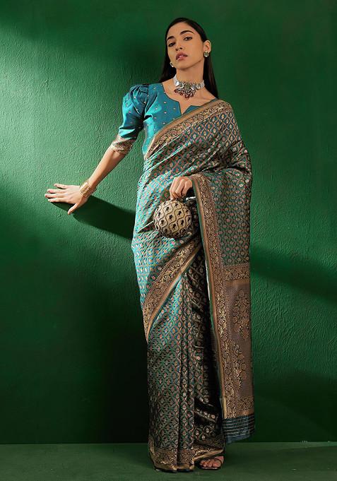 Sky Blue Woven Jaal Work Banarasi Silk Saree Set