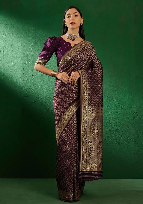 Purple Woven Jaal Work Banarasi Silk Saree Set