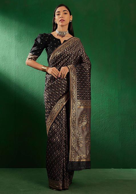 Black Woven Sequin Work Cotton Blend Saree Set