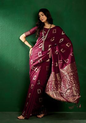 Wine Woven Sequin Work Cotton Blend Saree Set