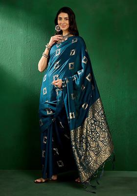 Teal Woven Sequin Work Cotton Blend Saree Set
