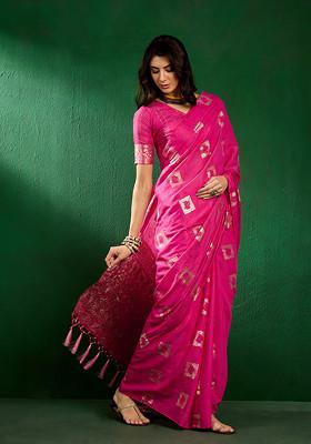 Pink Woven Sequin Work Cotton Blend Saree Set