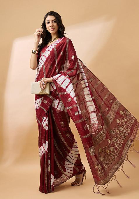 Maroon Woven Sequin Work Cotton Blend Saree Set