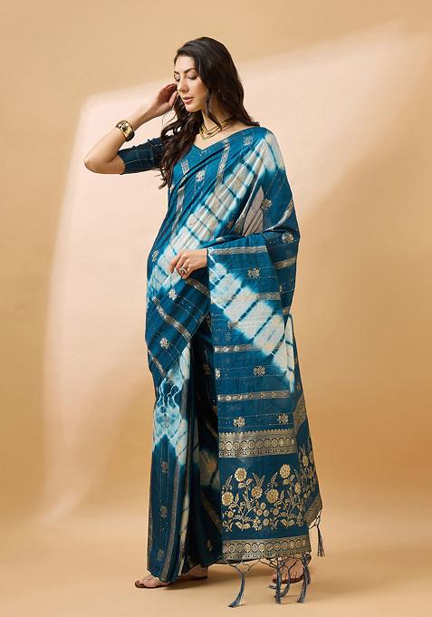 Teal Woven Sequin Work Cotton Blend Saree Set