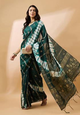 Green Woven Sequin Work Cotton Blend Saree Set