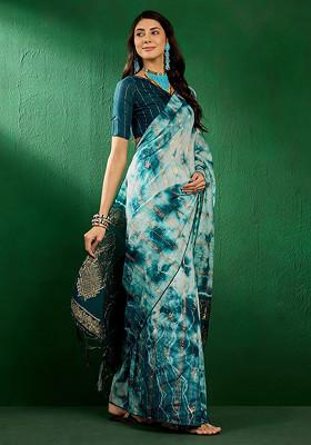 Teal Woven Sequin Work Cotton Blend Saree Set