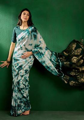 Green Woven Sequin Work Cotton Blend Saree Set