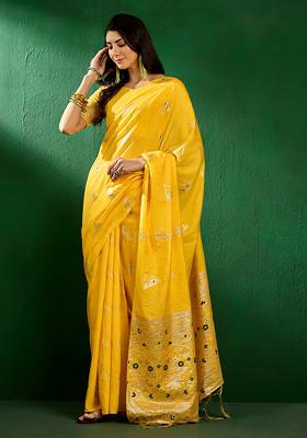 Mustard Sequin Work Silk Blend Saree Set