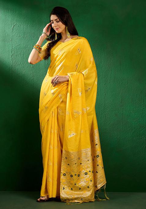 Mustard Sequin Work Silk Blend Saree Set